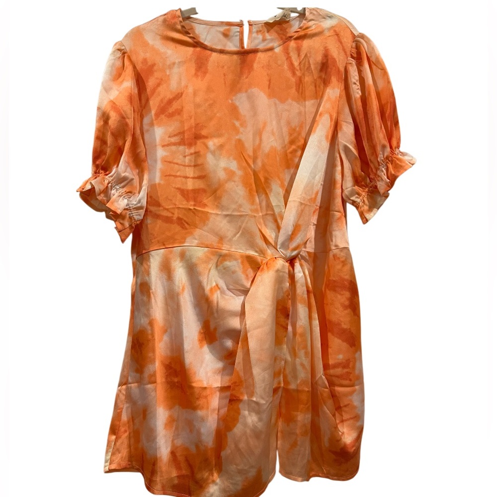 Vibrant Orange Tie-Dye Dressy Tunic with Puff Sleeves